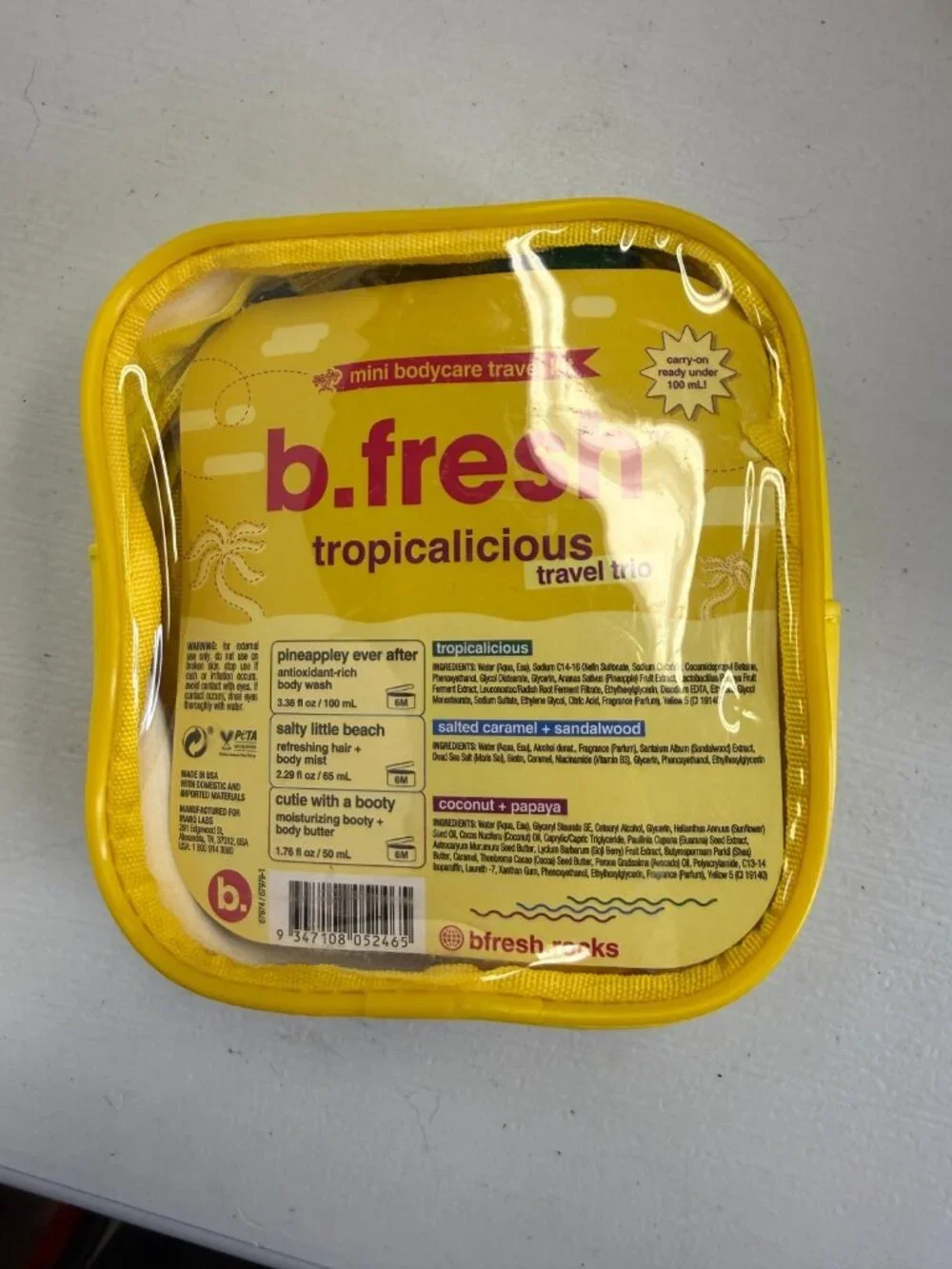 NIB b.fresh tropalicious travel trio mini body care kit in yellow zip case new